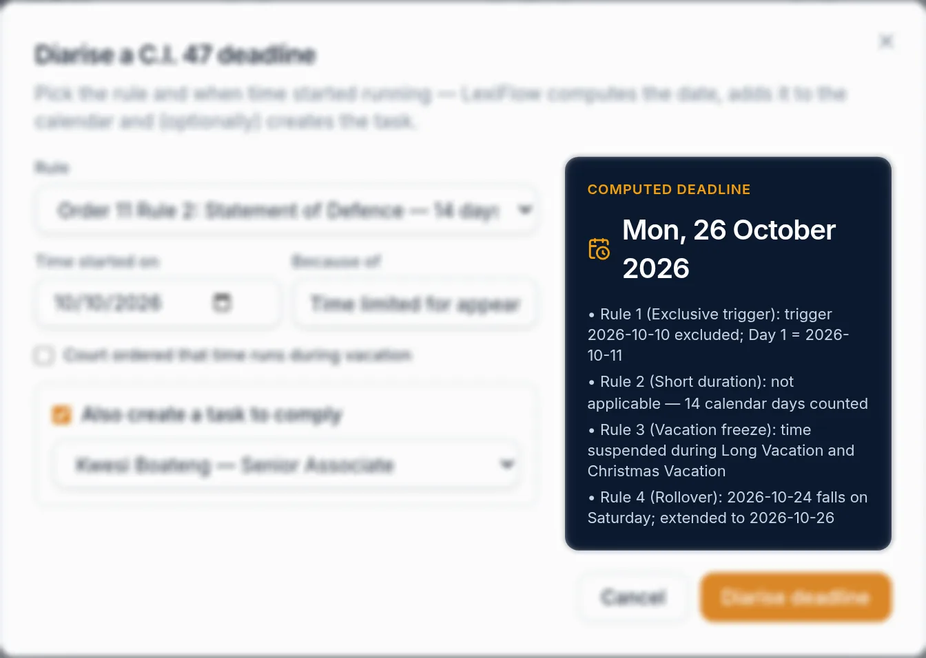 The Docket360 C.I. 47 deadline calculator with each step of the calculation shown