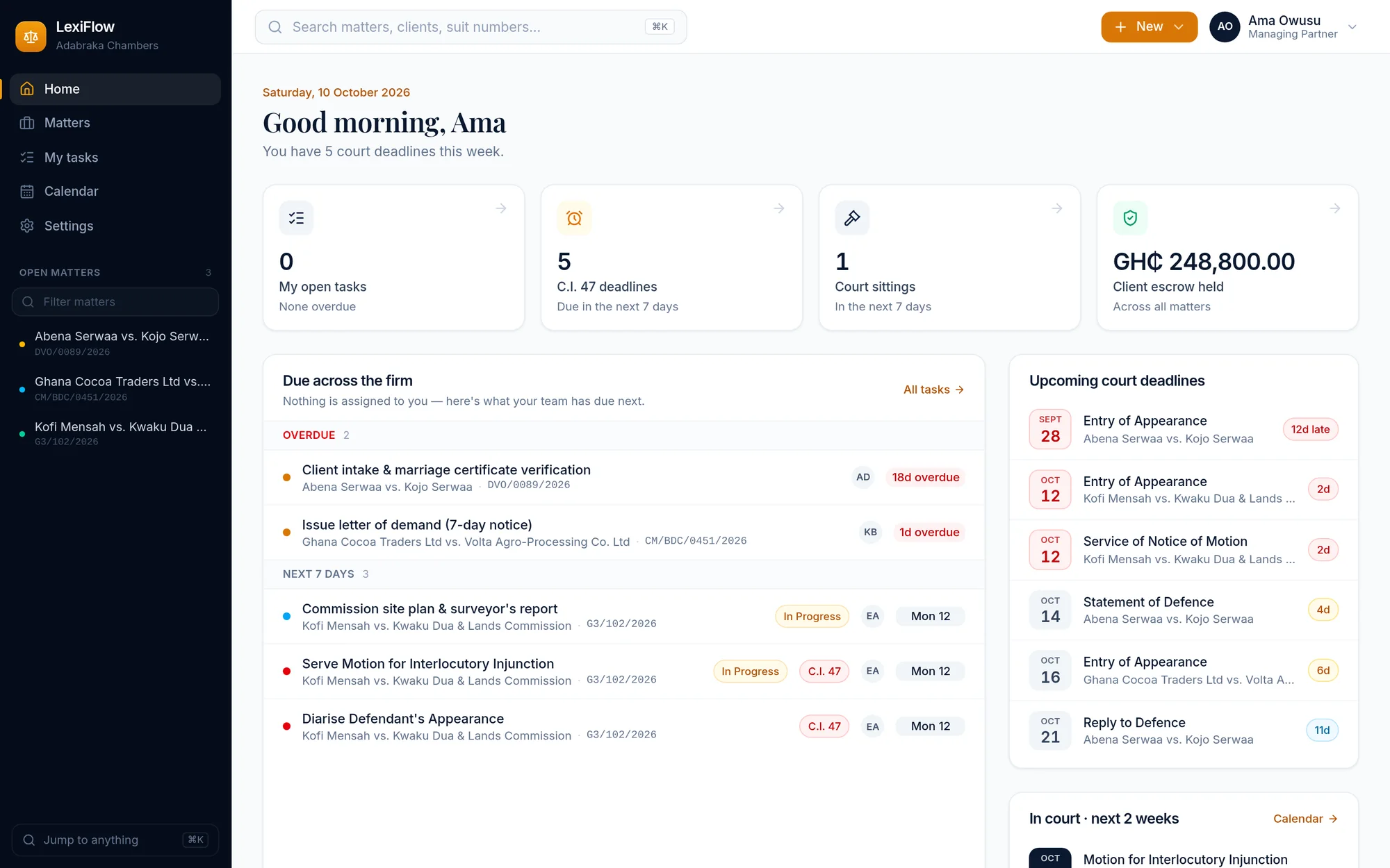 The Docket360 home dashboard showing tasks by urgency, upcoming deadlines and court sittings