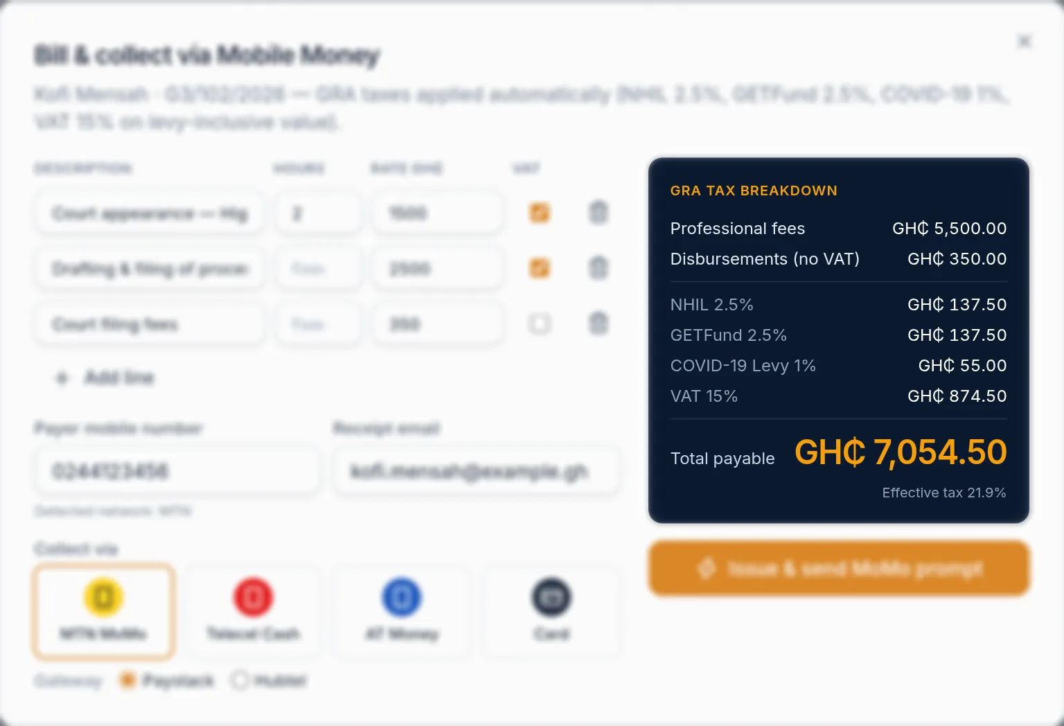 A Docket360 fee note with GRA taxes and Mobile Money payment