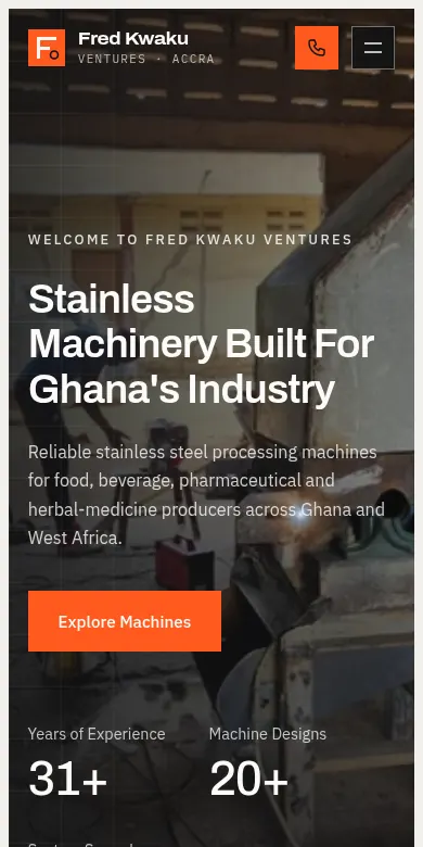 The Fred Kwaku Ventures homepage on a phone, with a call button beside the menu.