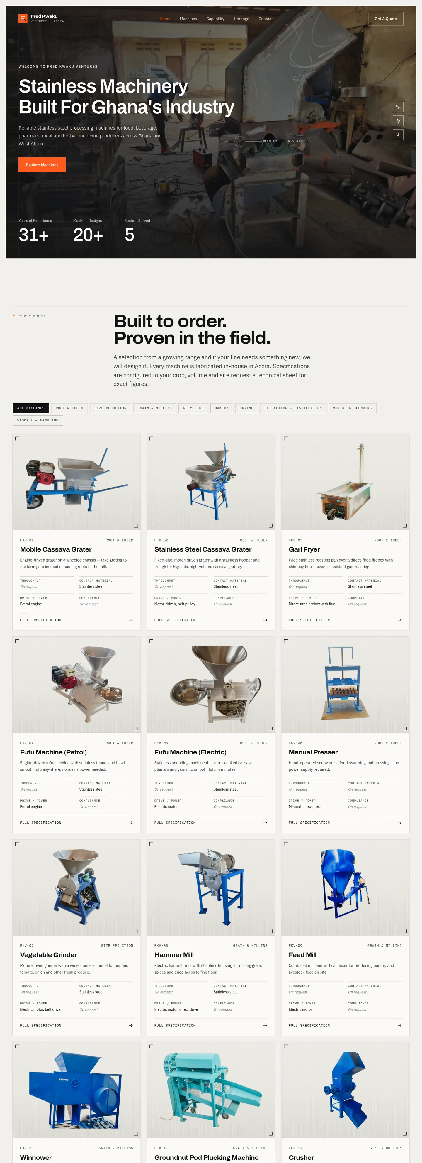 The Fred Kwaku Ventures homepage: a dark hero over a workshop photograph reading Stainless Machinery Built For Ghana's Industry, followed by the machine catalogue.