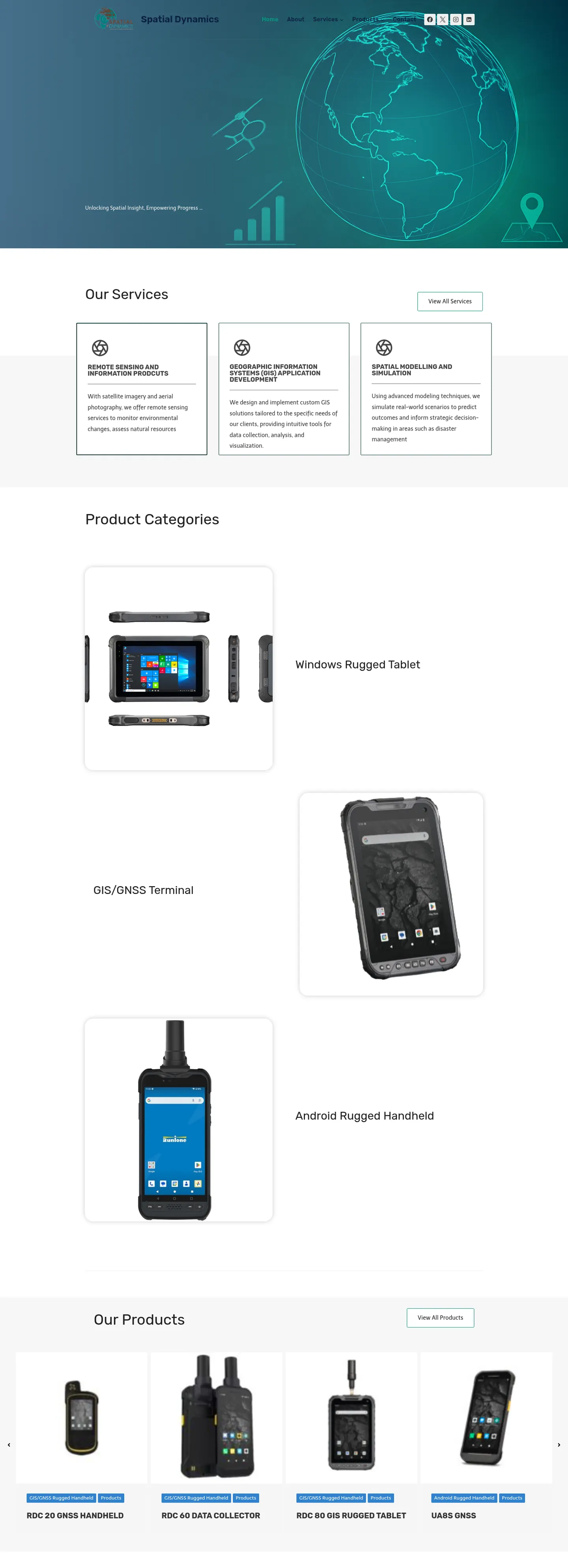 The Spatial Dynamics homepage: a teal hero with a wireframe globe, followed by service cards, product categories and the product carousel.