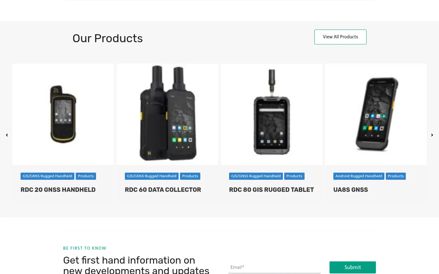 Our Products carousel showing the RDC 20, RDC 60, RDC 80 and UA8S rugged GNSS devices with category tags.