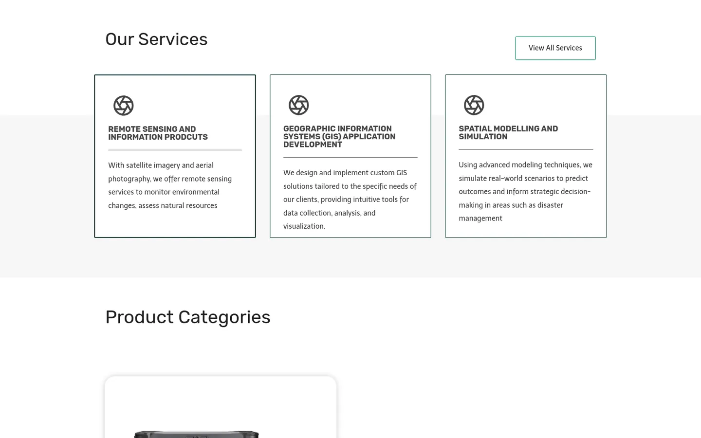 Our Services section with cards for remote sensing, GIS application development, and spatial modelling and simulation.